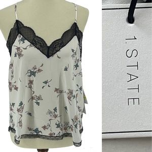 1. STATE NWT SUGAR PLUM FLORAL LACE TRIM CAMI TANK TOP MEDIUM WHITE BLACK